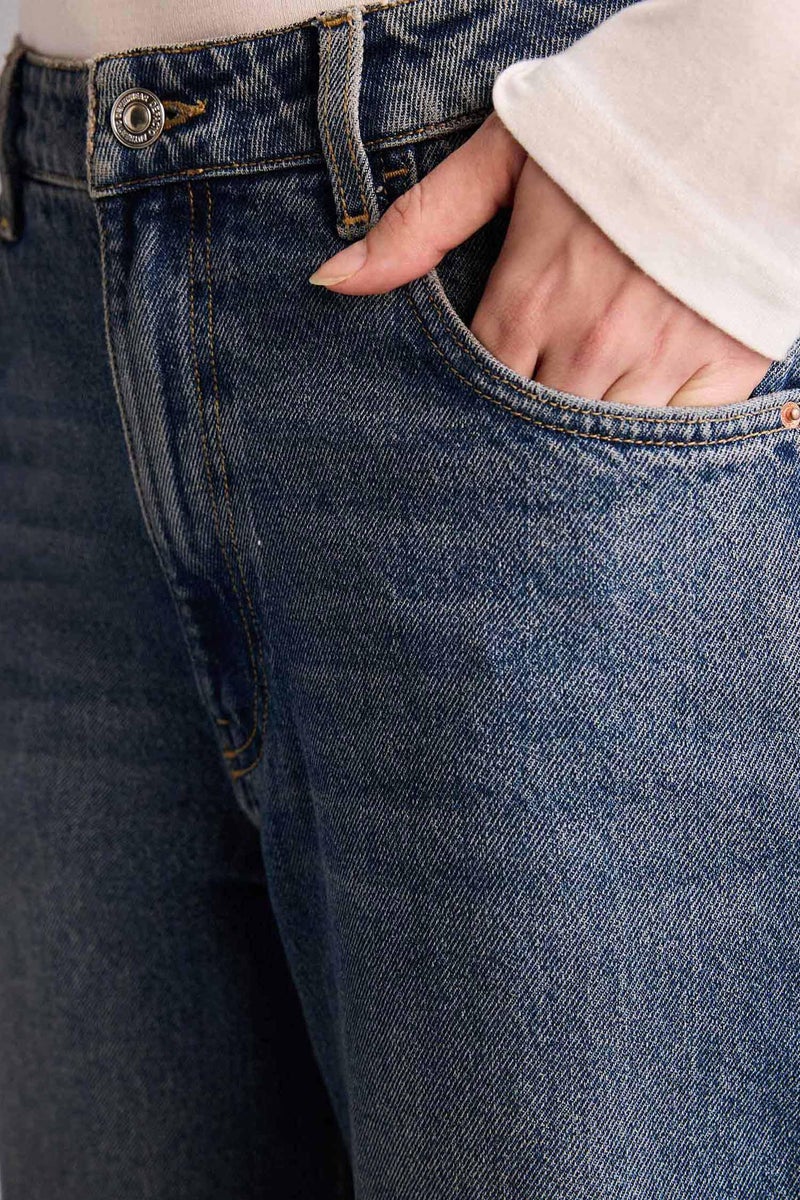 DeFacto Blue Woman Baggy Fit Folded Leg Denim Trousers Casual - Image 4